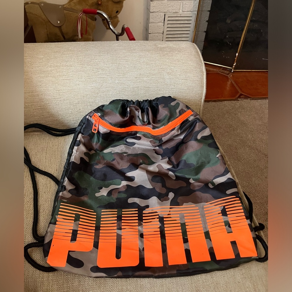 Puma camo and orange drawstring backpack